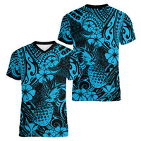 Hawaii Pineapple Women V Neck T Shirt Polynesian Pattern Sky Blue Version LT01 - Polynesian Pride