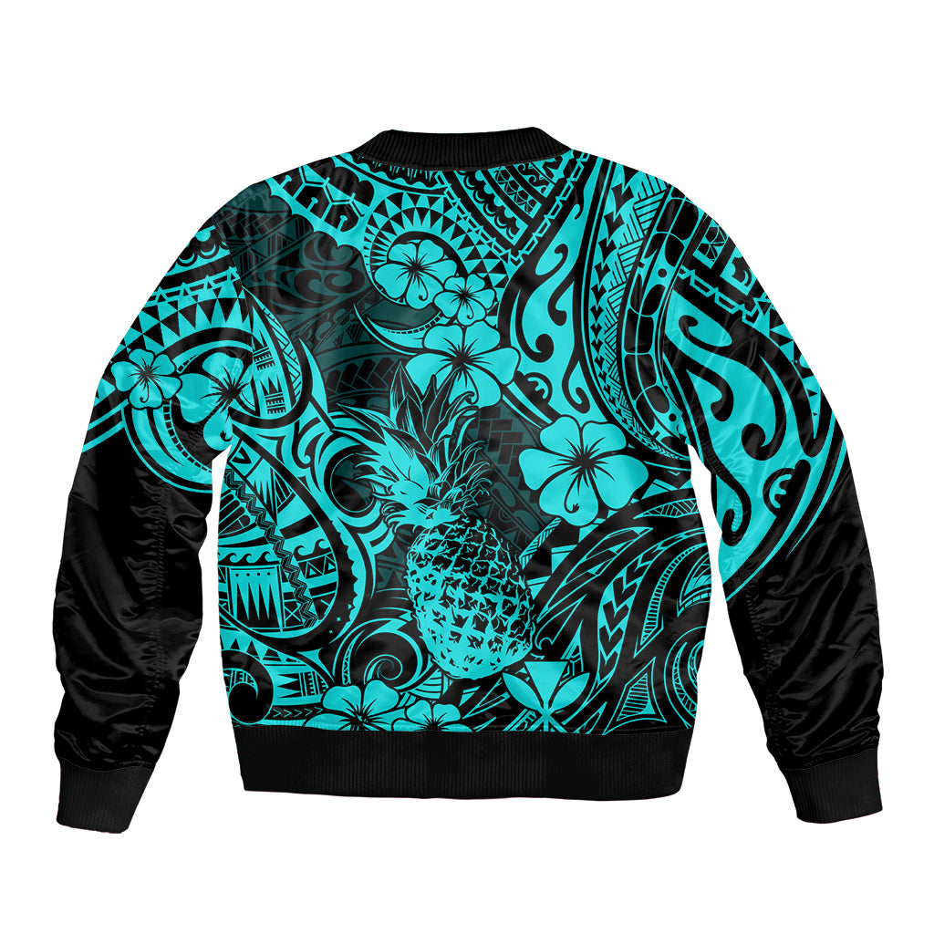 Hawaii Pineapple Bomber Jacket Polynesian Pattern Turquoise Version LT01 - Polynesian Pride