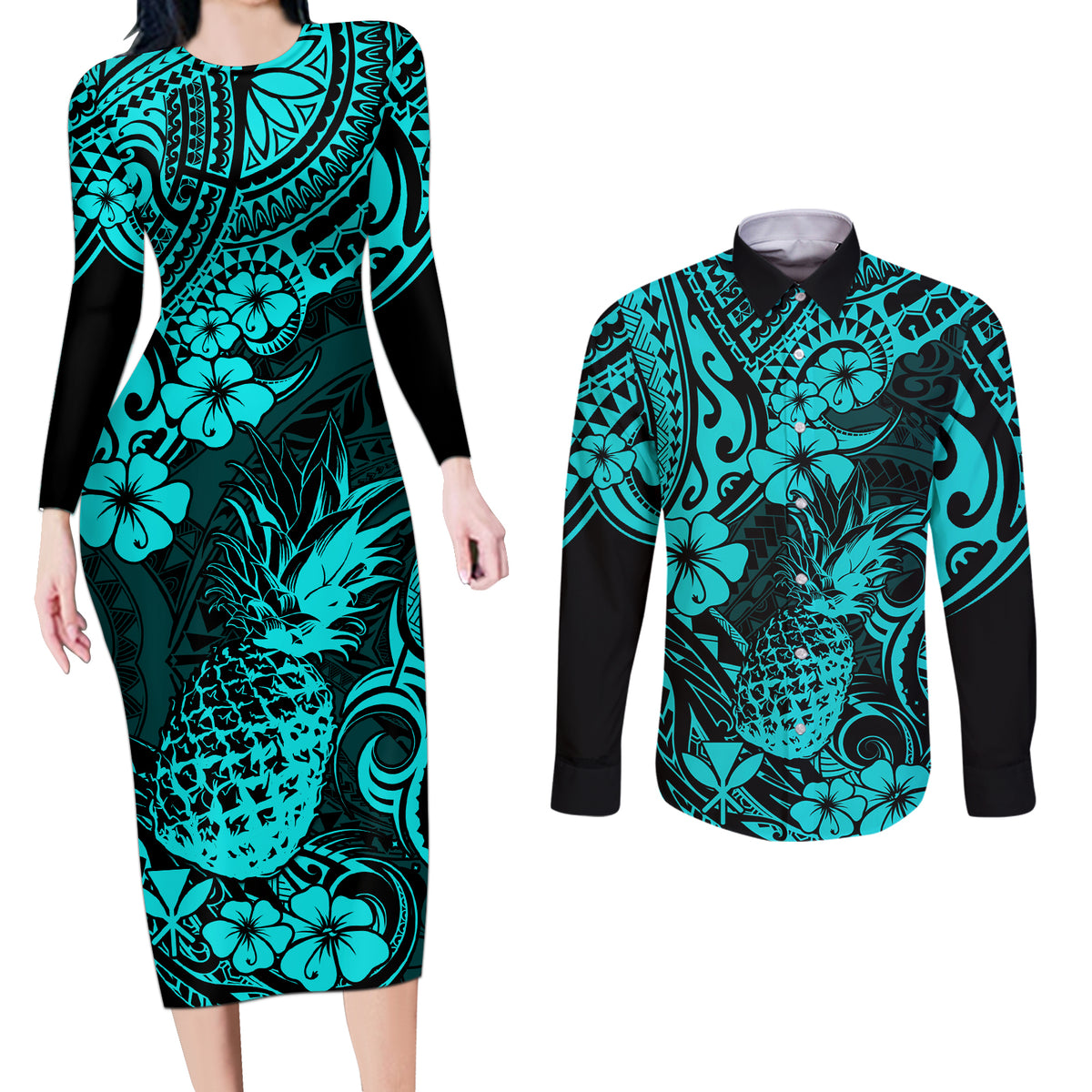 Hawaii Pineapple Couples Matching Long Sleeve Bodycon Dress and Long Sleeve Button Shirts Polynesian Pattern Turquoise Version LT01 Turquoise - Polynesian Pride
