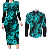 Hawaii Pineapple Couples Matching Long Sleeve Bodycon Dress and Long Sleeve Button Shirts Polynesian Pattern Turquoise Version LT01 Turquoise - Polynesian Pride