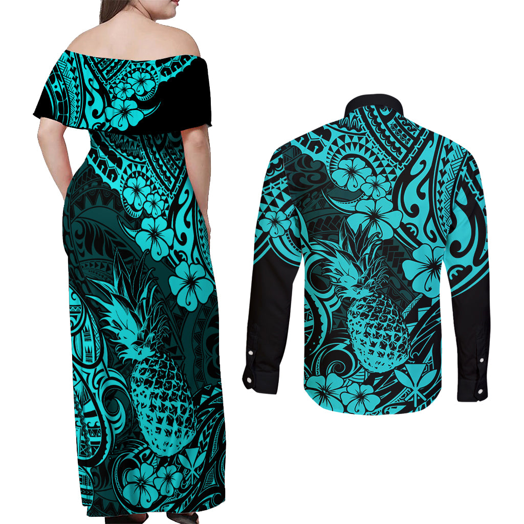 Hawaii Pineapple Couples Matching Off Shoulder Maxi Dress and Long Sleeve Button Shirts Polynesian Pattern Turquoise Version LT01 - Polynesian Pride