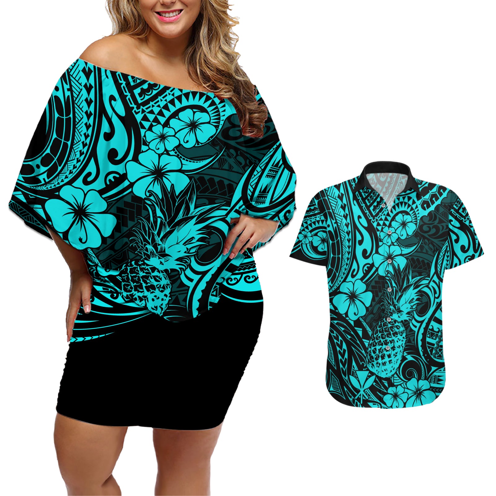 Hawaii Pineapple Couples Matching Off Shoulder Short Dress and Hawaiian Shirt Polynesian Pattern Turquoise Version LT01 Turquoise - Polynesian Pride