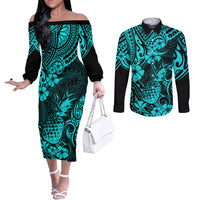 Hawaii Pineapple Couples Matching Off The Shoulder Long Sleeve Dress and Long Sleeve Button Shirts Polynesian Pattern Turquoise Version LT01 Turquoise - Polynesian Pride