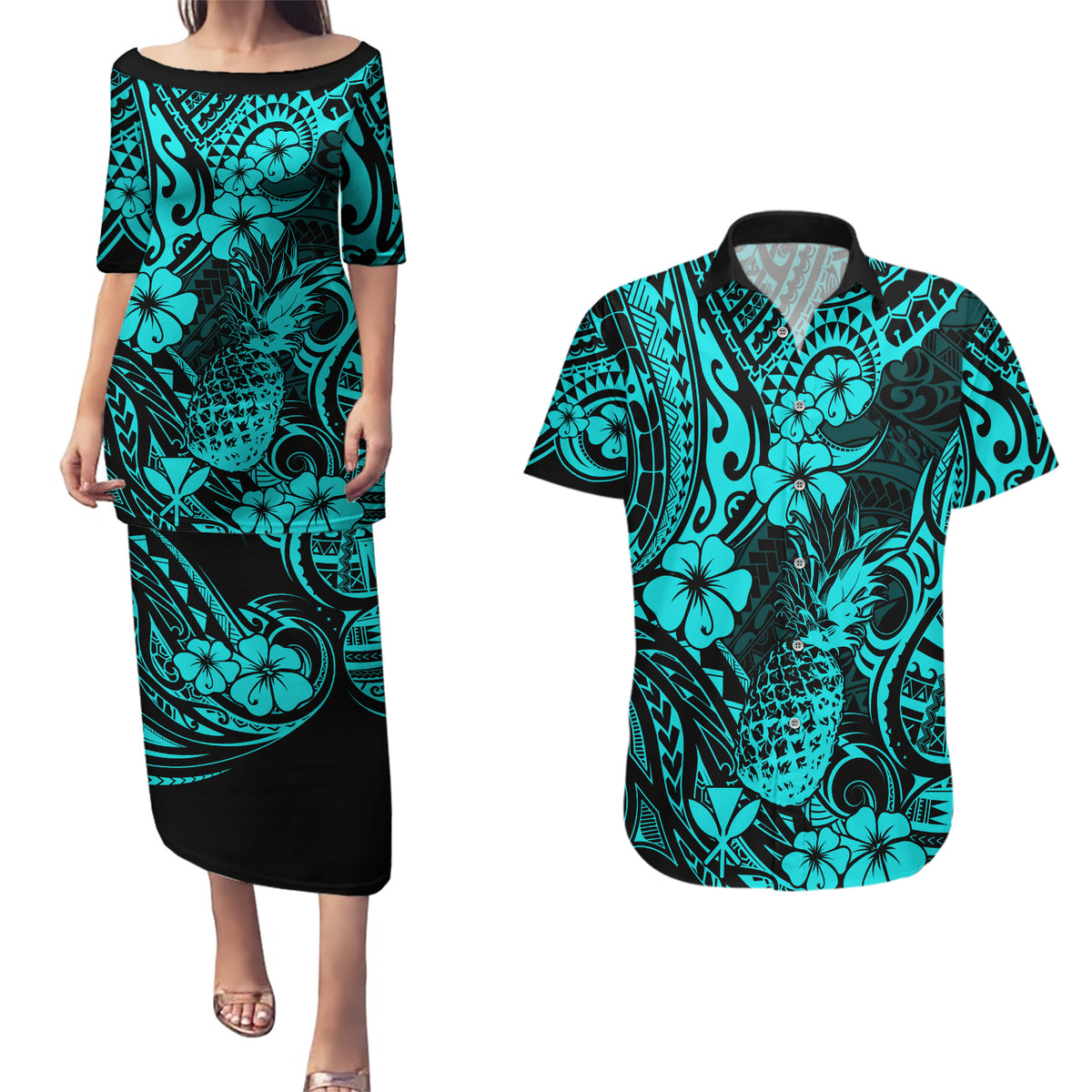 Hawaii Pineapple Couples Matching Puletasi Dress and Hawaiian Shirt Polynesian Pattern Turquoise Version LT01 Turquoise - Polynesian Pride