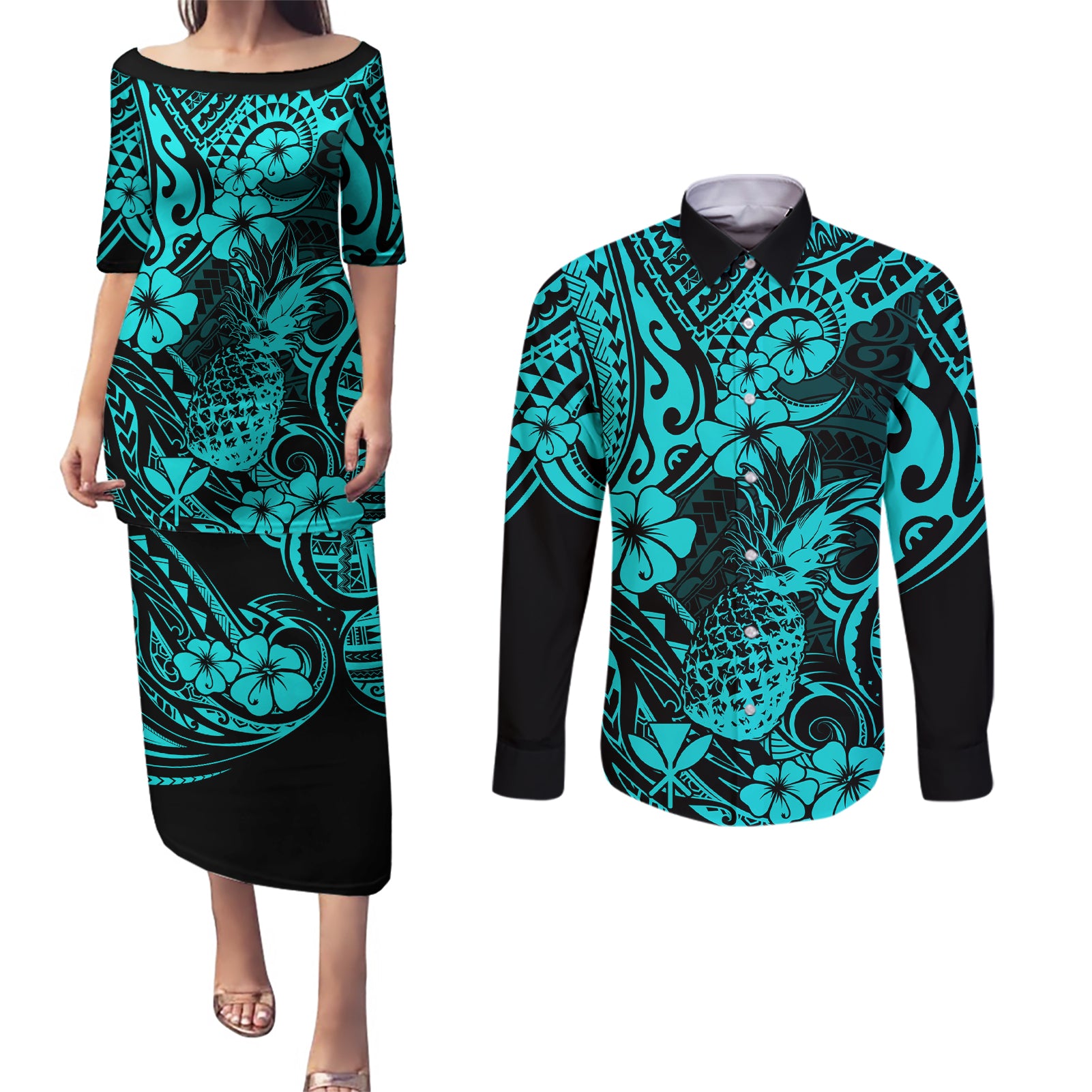 Hawaii Pineapple Couples Matching Puletasi Dress and Long Sleeve Button Shirts Polynesian Pattern Turquoise Version LT01 Turquoise - Polynesian Pride