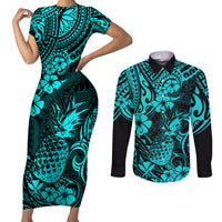 Hawaii Pineapple Couples Matching Short Sleeve Bodycon Dress and Long Sleeve Button Shirts Polynesian Pattern Turquoise Version LT01 Turquoise - Polynesian Pride