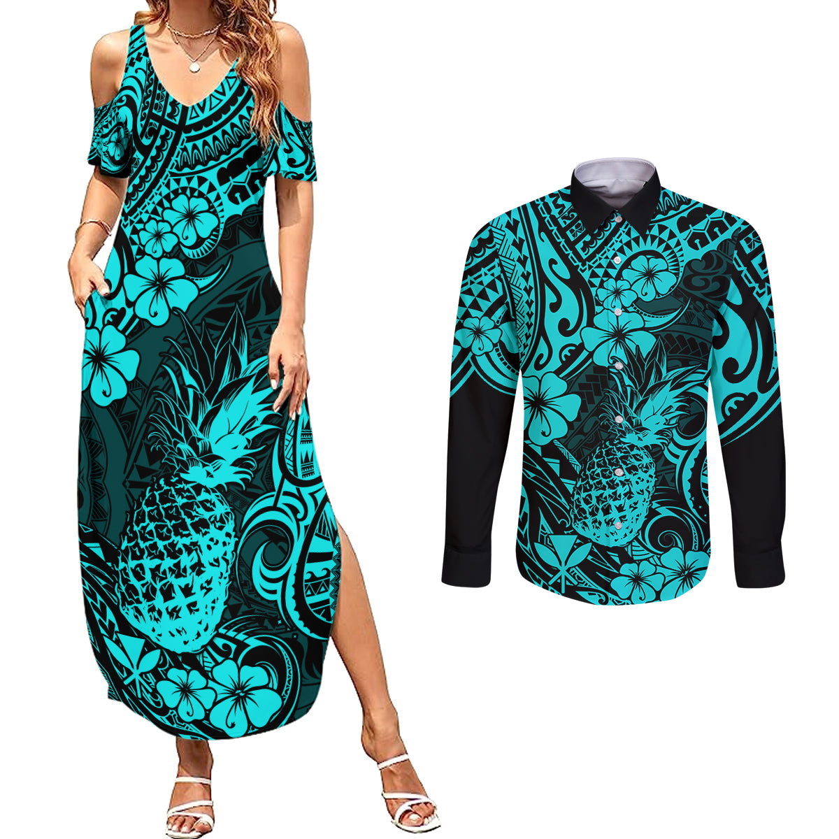 Hawaii Pineapple Couples Matching Summer Maxi Dress and Long Sleeve Button Shirts Polynesian Pattern Turquoise Version LT01 Turquoise - Polynesian Pride