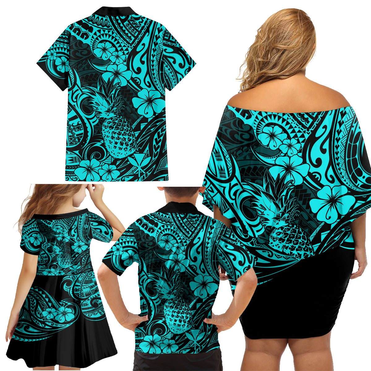 Hawaii Pineapple Family Matching Off Shoulder Short Dress and Hawaiian Shirt Polynesian Pattern Turquoise Version LT01 - Polynesian Pride