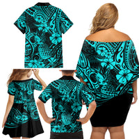 Hawaii Pineapple Family Matching Off Shoulder Short Dress and Hawaiian Shirt Polynesian Pattern Turquoise Version LT01 - Polynesian Pride