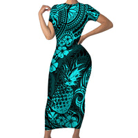 Hawaii Pineapple Family Matching Short Sleeve Bodycon Dress and Hawaiian Shirt Polynesian Pattern Turquoise Version LT01 Mom's Dress Turquoise - Polynesian Pride