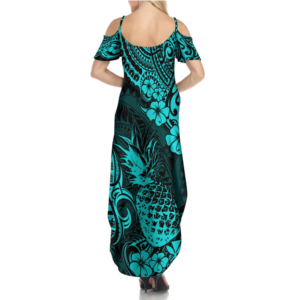 Hawaii Pineapple Family Matching Summer Maxi Dress and Hawaiian Shirt Polynesian Pattern Turquoise Version LT01 - Polynesian Pride