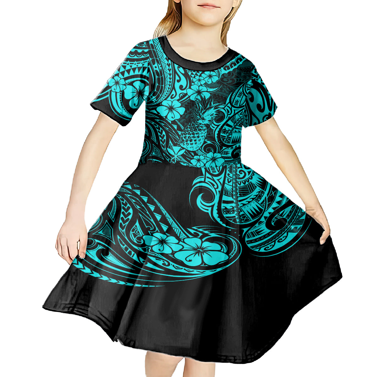 Hawaii Pineapple Kid Short Sleeve Dress Polynesian Pattern Turquoise Version LT01 - Polynesian Pride