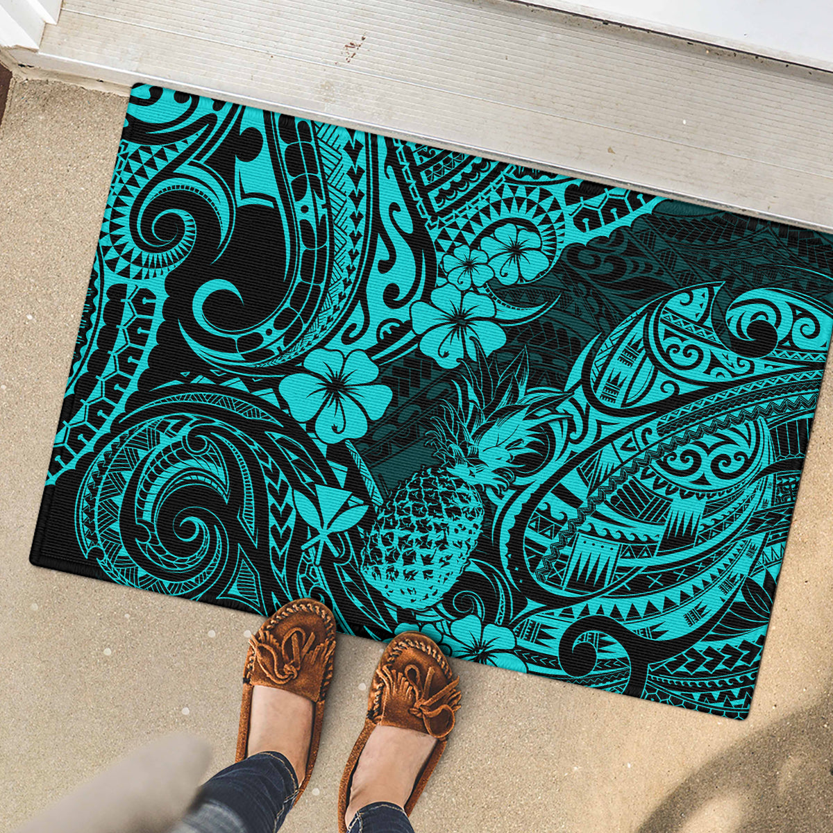 Hawaii Pineapple Rubber Doormat Polynesian Pattern Turquoise Version LT01 - Polynesian Pride