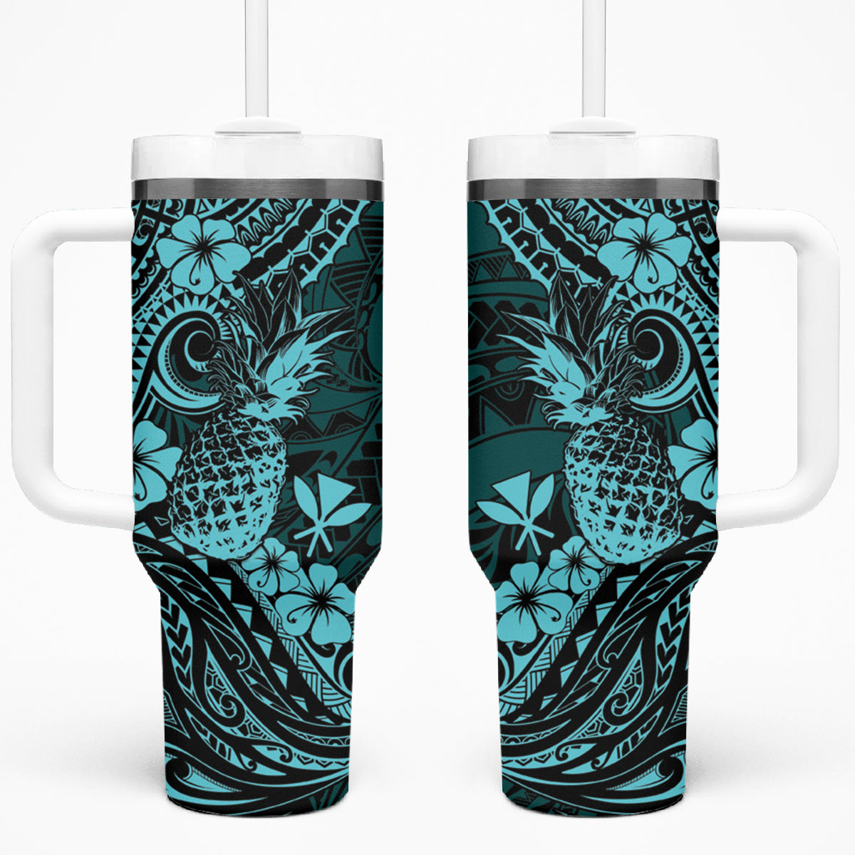 Hawaii Pineapple Tumbler With Handle Polynesian Pattern Turquoise Version