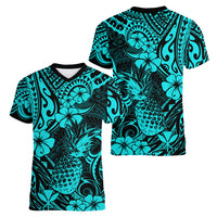 Hawaii Pineapple Women V Neck T Shirt Polynesian Pattern Turquoise Version LT01 - Polynesian Pride