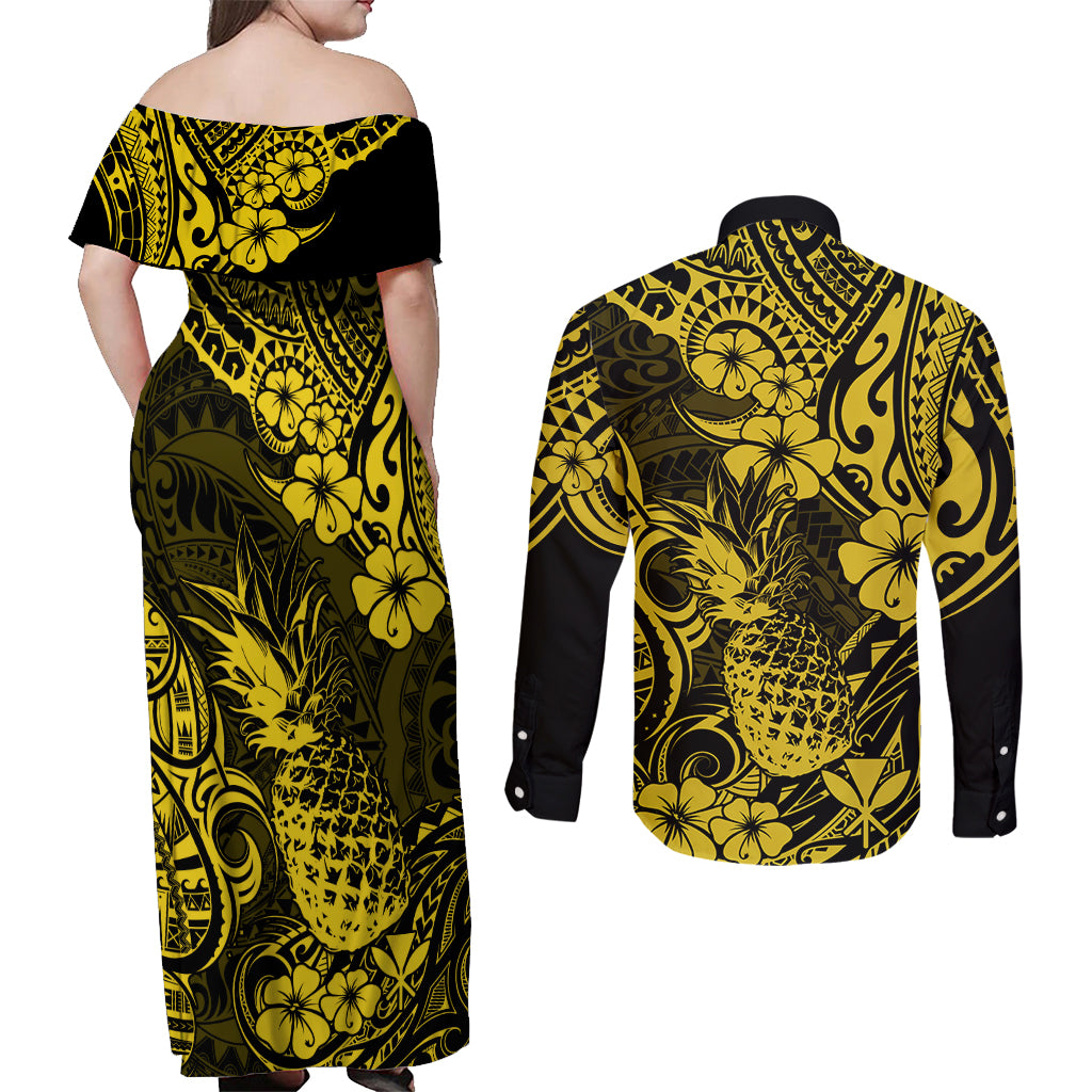 Hawaii Pineapple Couples Matching Off Shoulder Maxi Dress and Long Sleeve Button Shirts Polynesian Pattern Yellow Version LT01 - Polynesian Pride