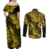 Hawaii Pineapple Couples Matching Off Shoulder Maxi Dress and Long Sleeve Button Shirts Polynesian Pattern Yellow Version LT01 - Polynesian Pride