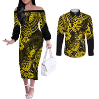 Hawaii Pineapple Couples Matching Off The Shoulder Long Sleeve Dress and Long Sleeve Button Shirts Polynesian Pattern Yellow Version LT01 Yellow - Polynesian Pride