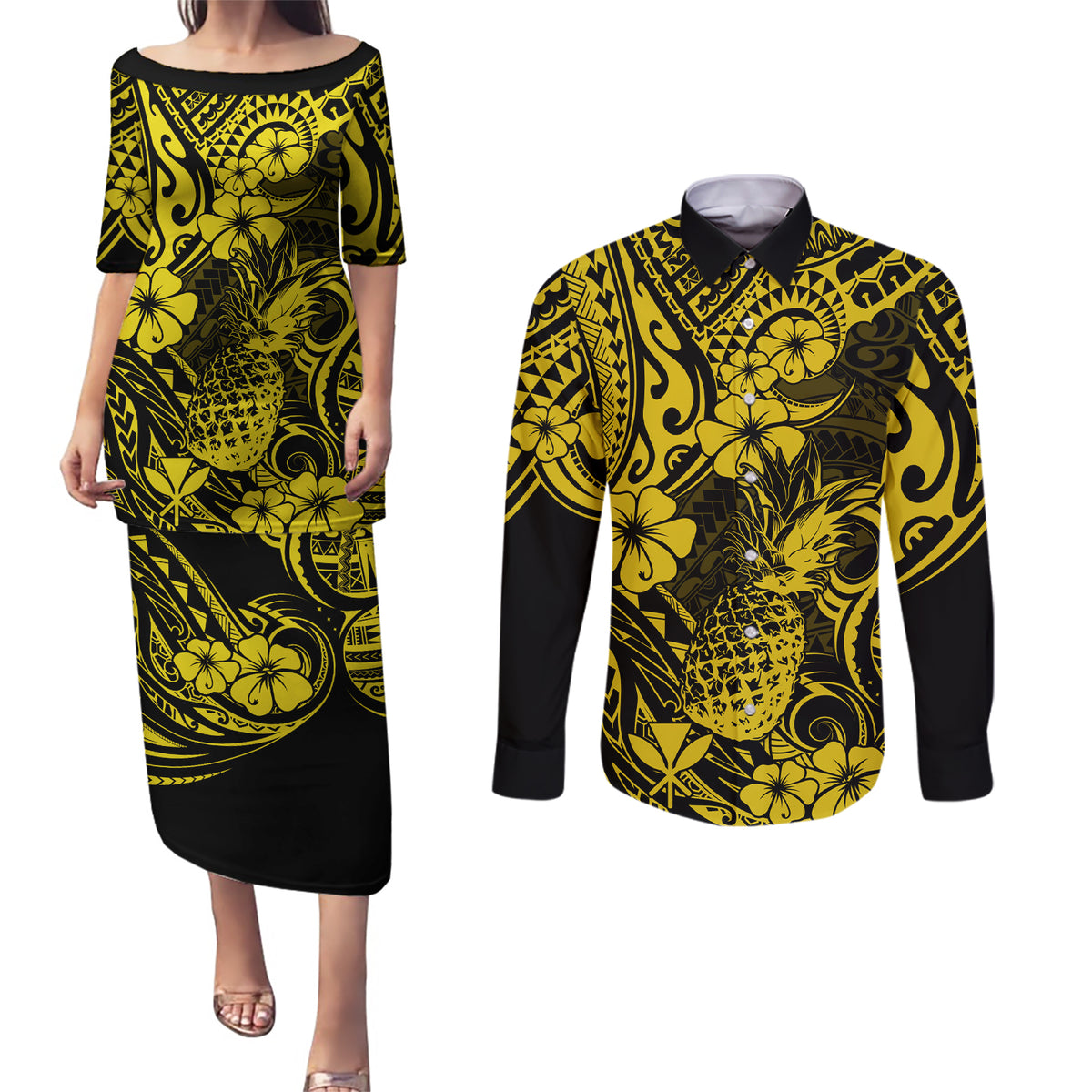 Hawaii Pineapple Couples Matching Puletasi Dress and Long Sleeve Button Shirts Polynesian Pattern Yellow Version LT01 Yellow - Polynesian Pride