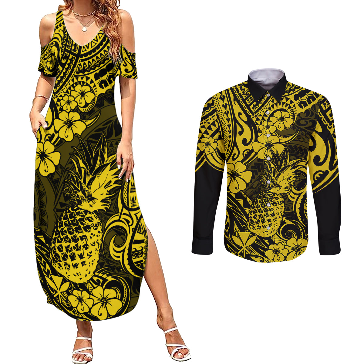 Hawaii Pineapple Couples Matching Summer Maxi Dress and Long Sleeve Button Shirts Polynesian Pattern Yellow Version LT01 Yellow - Polynesian Pride