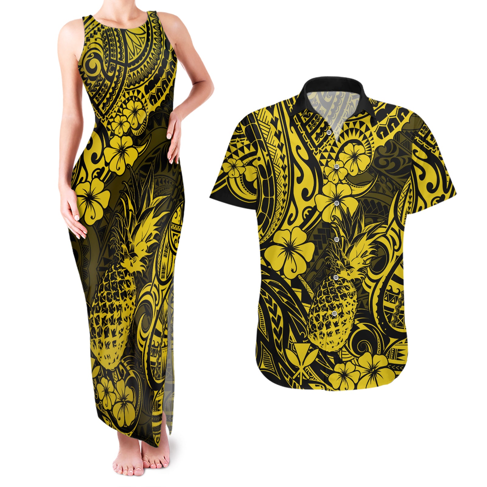 Hawaii Pineapple Couples Matching Tank Maxi Dress and Hawaiian Shirt Polynesian Pattern Yellow Version LT01 Yellow - Polynesian Pride