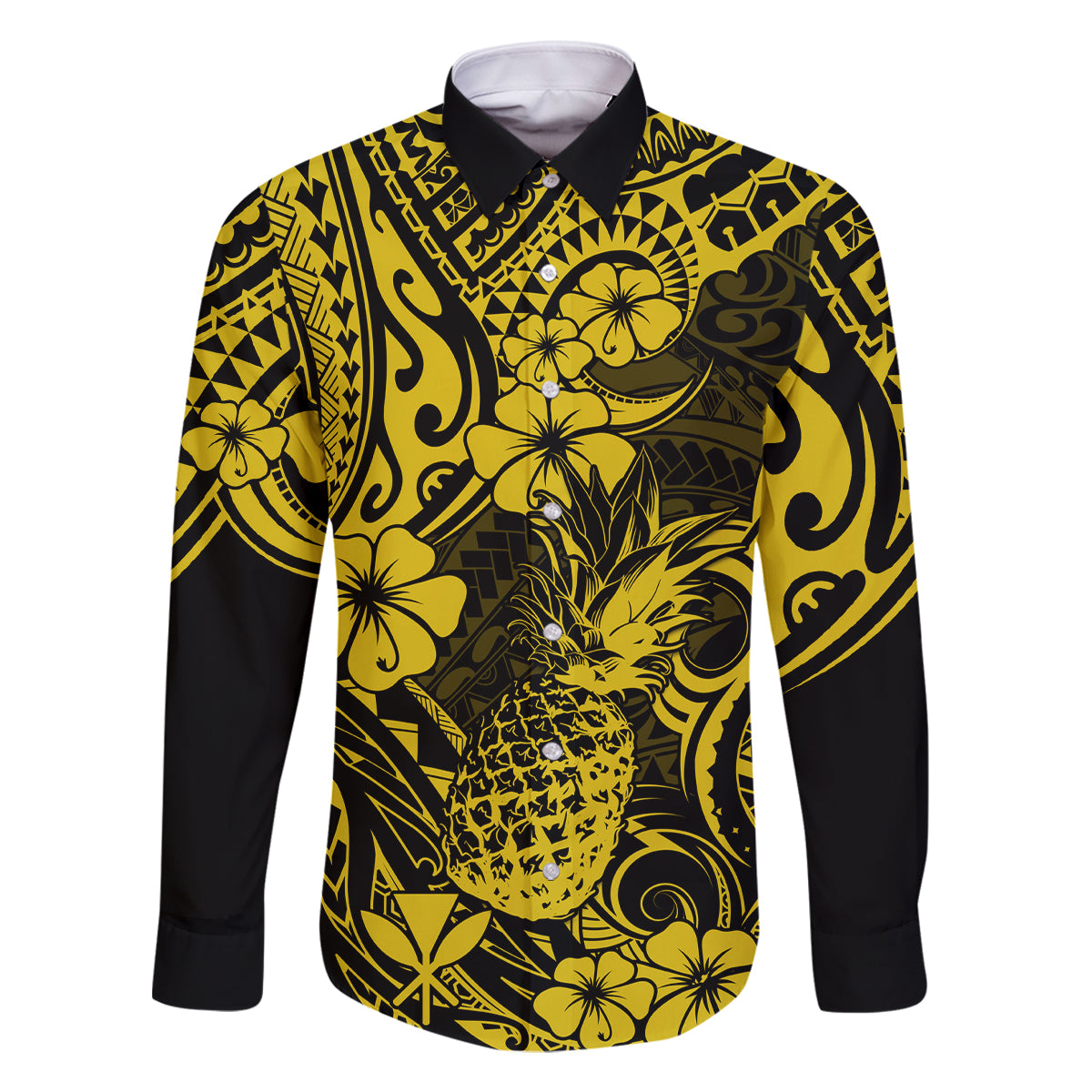 Hawaii Pineapple Family Matching Off Shoulder Maxi Dress and Hawaiian Shirt Polynesian Pattern Yellow Version LT01 Dad's Shirt - Long Sleeve Yellow - Polynesian Pride