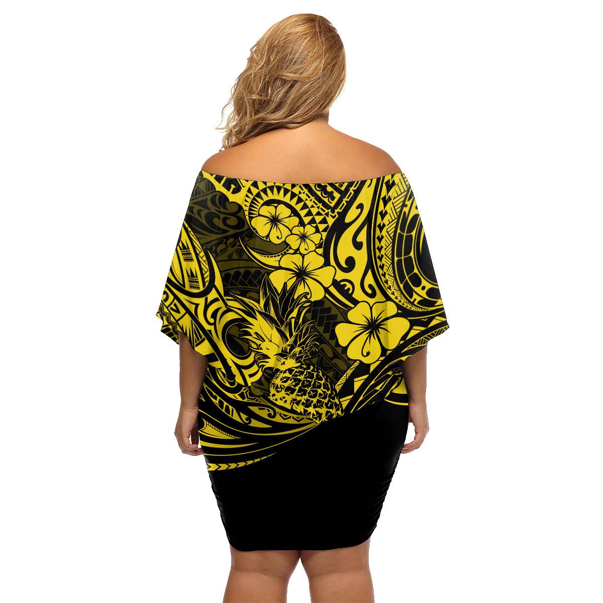 Hawaii Pineapple Family Matching Off Shoulder Short Dress and Hawaiian Shirt Polynesian Pattern Yellow Version LT01 - Polynesian Pride
