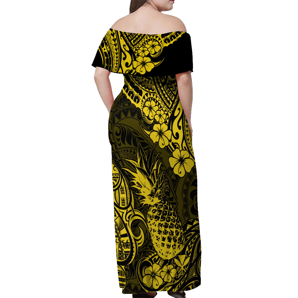 Hawaii Pineapple Off Shoulder Maxi Dress Polynesian Pattern Yellow Version LT01 - Polynesian Pride