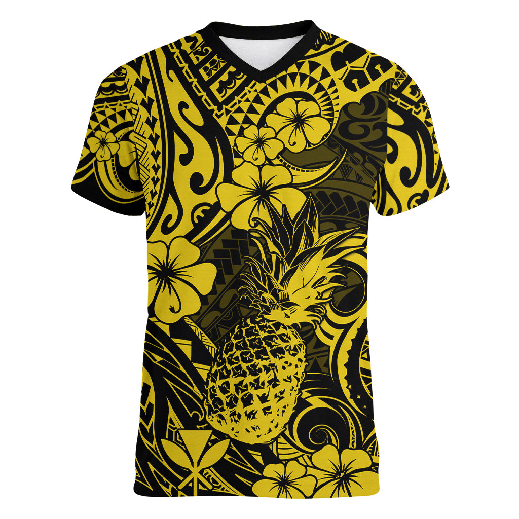 Hawaii Pineapple Women V Neck T Shirt Polynesian Pattern Yellow Version LT01 Female Yellow - Polynesian Pride