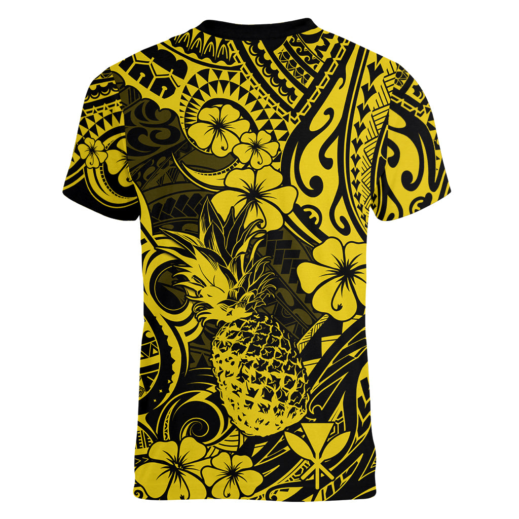 Hawaii Pineapple Women V Neck T Shirt Polynesian Pattern Yellow Version LT01 - Polynesian Pride