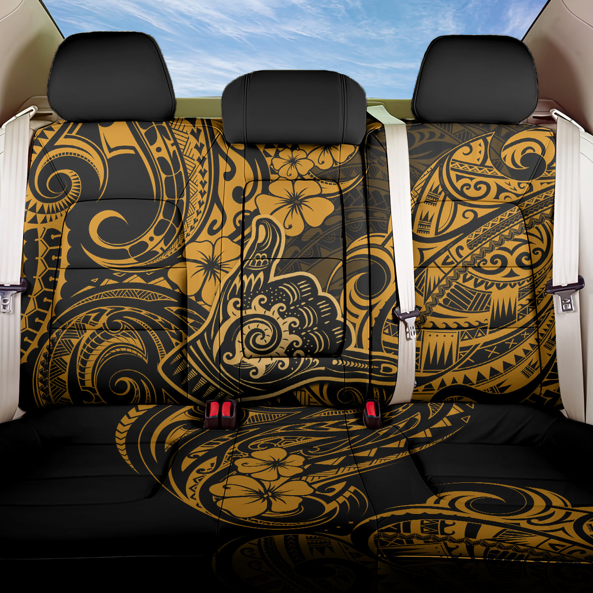 Hawaii Shaka Sign Back Car Seat Cover With Polynesian Hibiscus Gold Unique