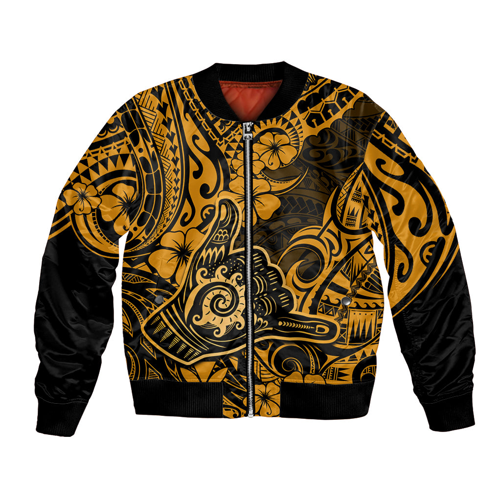 Hawaii Shaka Sign Bomber Jacket With Polynesian Hibiscus Gold Unique LT01 Unisex Gold - Polynesian Pride