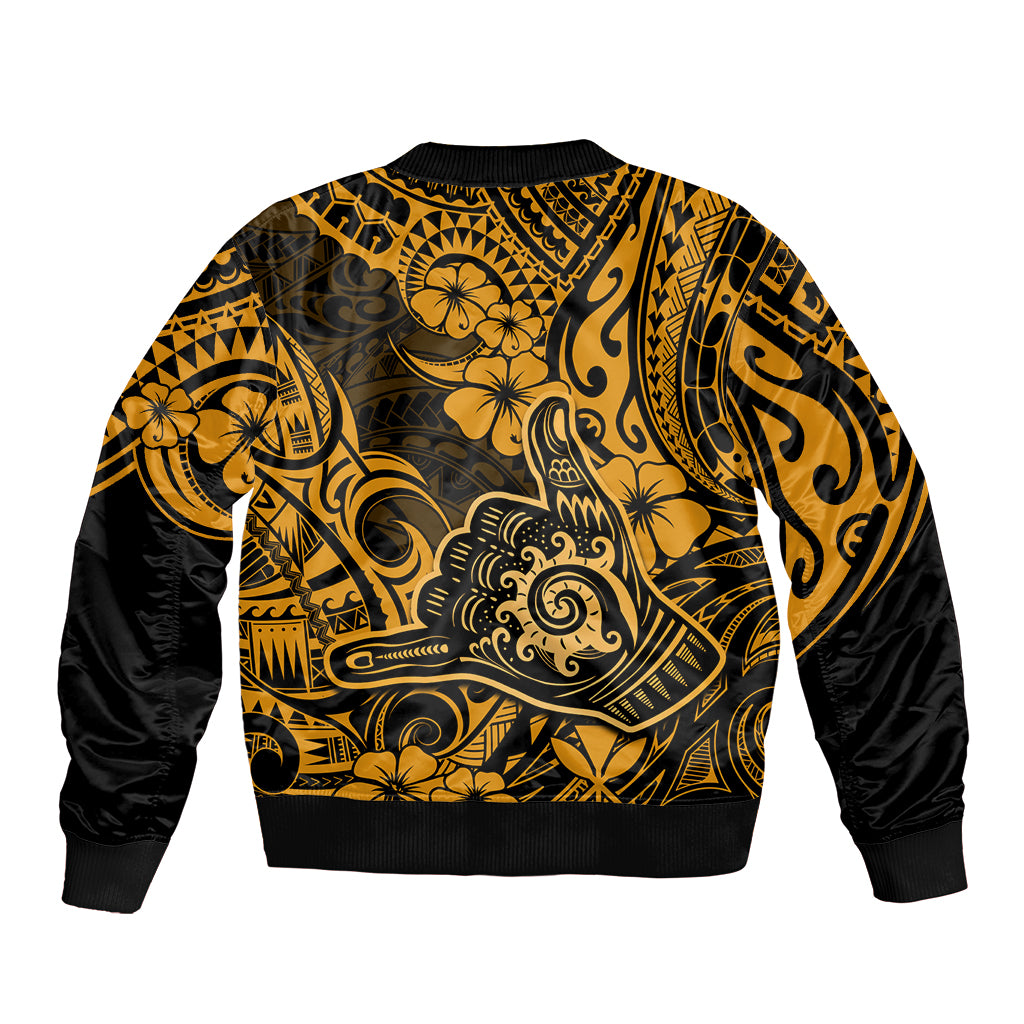 Hawaii Shaka Sign Bomber Jacket With Polynesian Hibiscus Gold Unique LT01 - Polynesian Pride