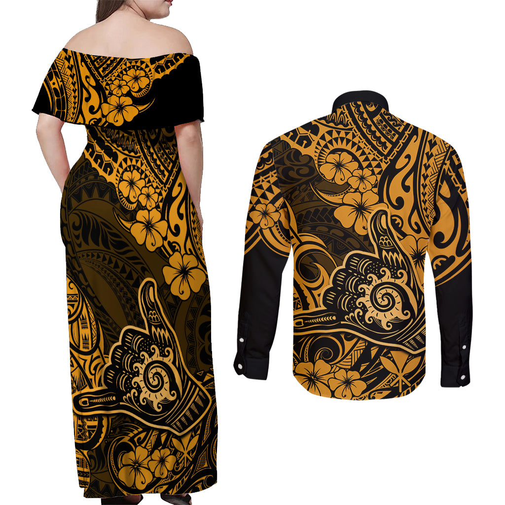Hawaii Shaka Sign Couples Matching Off Shoulder Maxi Dress and Long Sleeve Button Shirts With Polynesian Hibiscus Gold Unique LT01 - Polynesian Pride