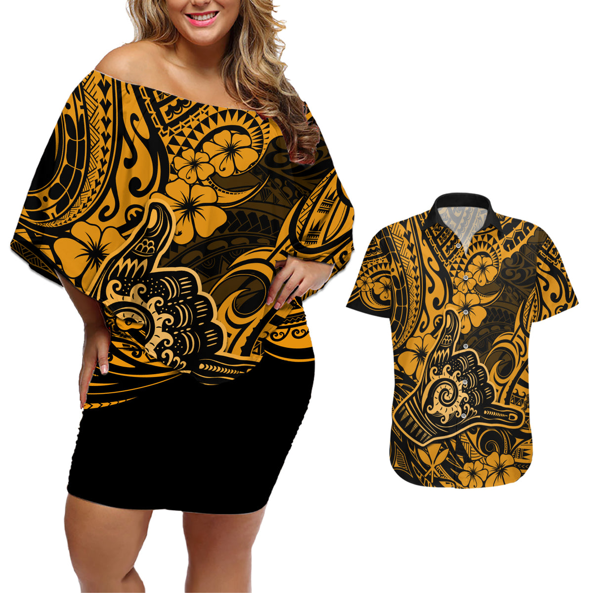 Hawaii Shaka Sign Couples Matching Off Shoulder Short Dress and Hawaiian Shirt With Polynesian Hibiscus Gold Unique LT01 Gold - Polynesian Pride