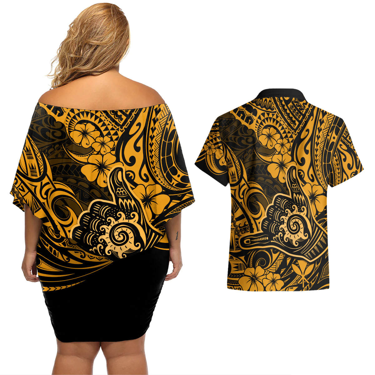 Hawaii Shaka Sign Couples Matching Off Shoulder Short Dress and Hawaiian Shirt With Polynesian Hibiscus Gold Unique LT01 - Polynesian Pride