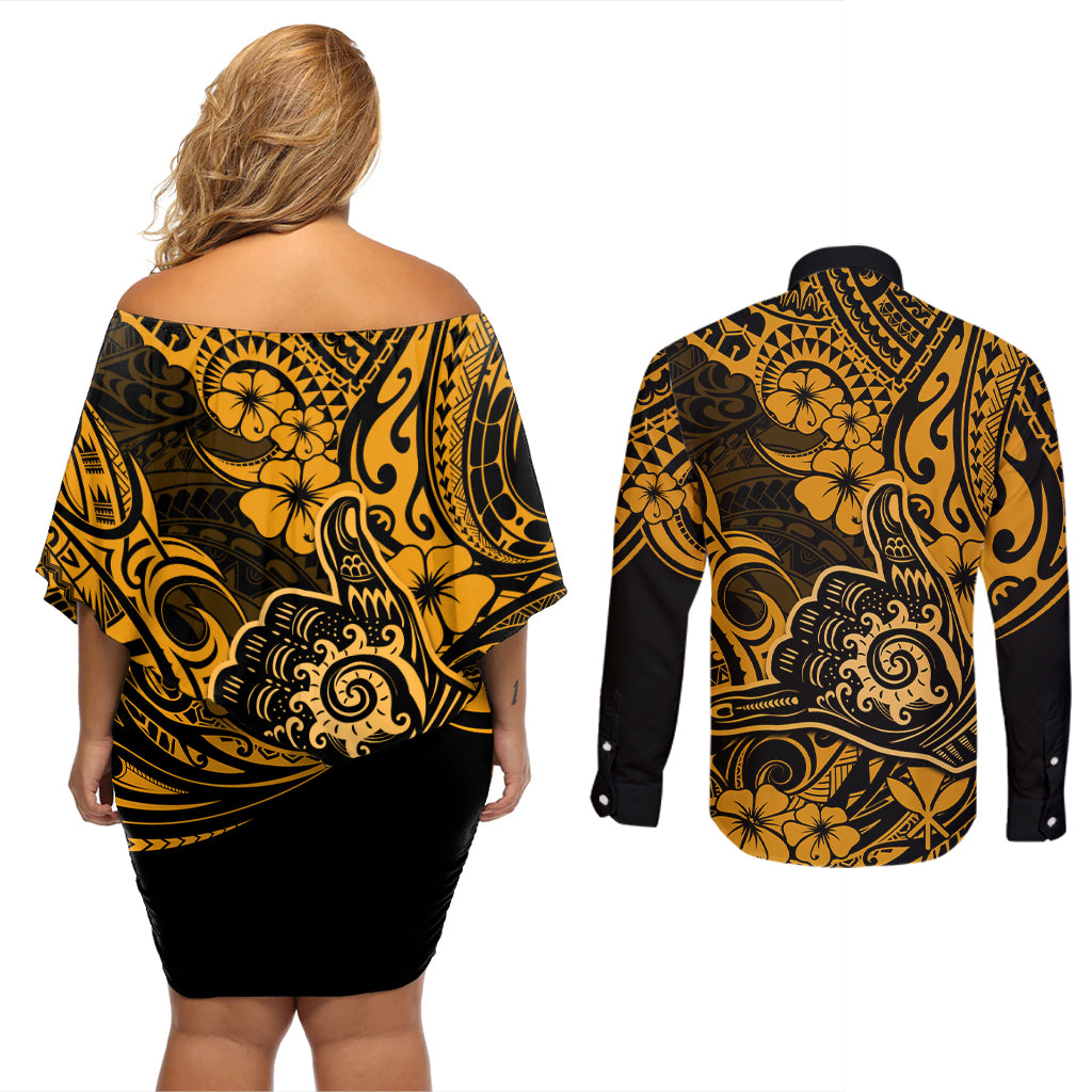 Hawaii Shaka Sign Couples Matching Off Shoulder Short Dress and Long Sleeve Button Shirts With Polynesian Hibiscus Gold Unique LT01 - Polynesian Pride