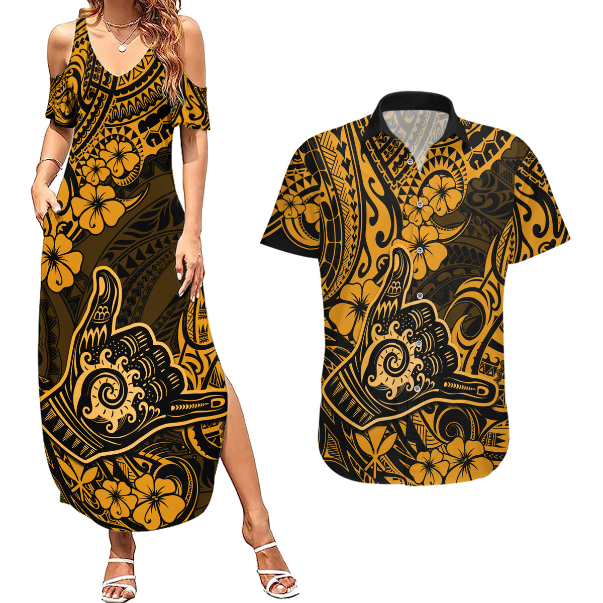 Hawaii Shaka Sign Couples Matching Summer Maxi Dress and Hawaiian Shirt With Polynesian Hibiscus Gold Unique LT01 Gold - Polynesian Pride