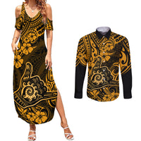 Hawaii Shaka Sign Couples Matching Summer Maxi Dress and Long Sleeve Button Shirts With Polynesian Hibiscus Gold Unique LT01 Gold - Polynesian Pride