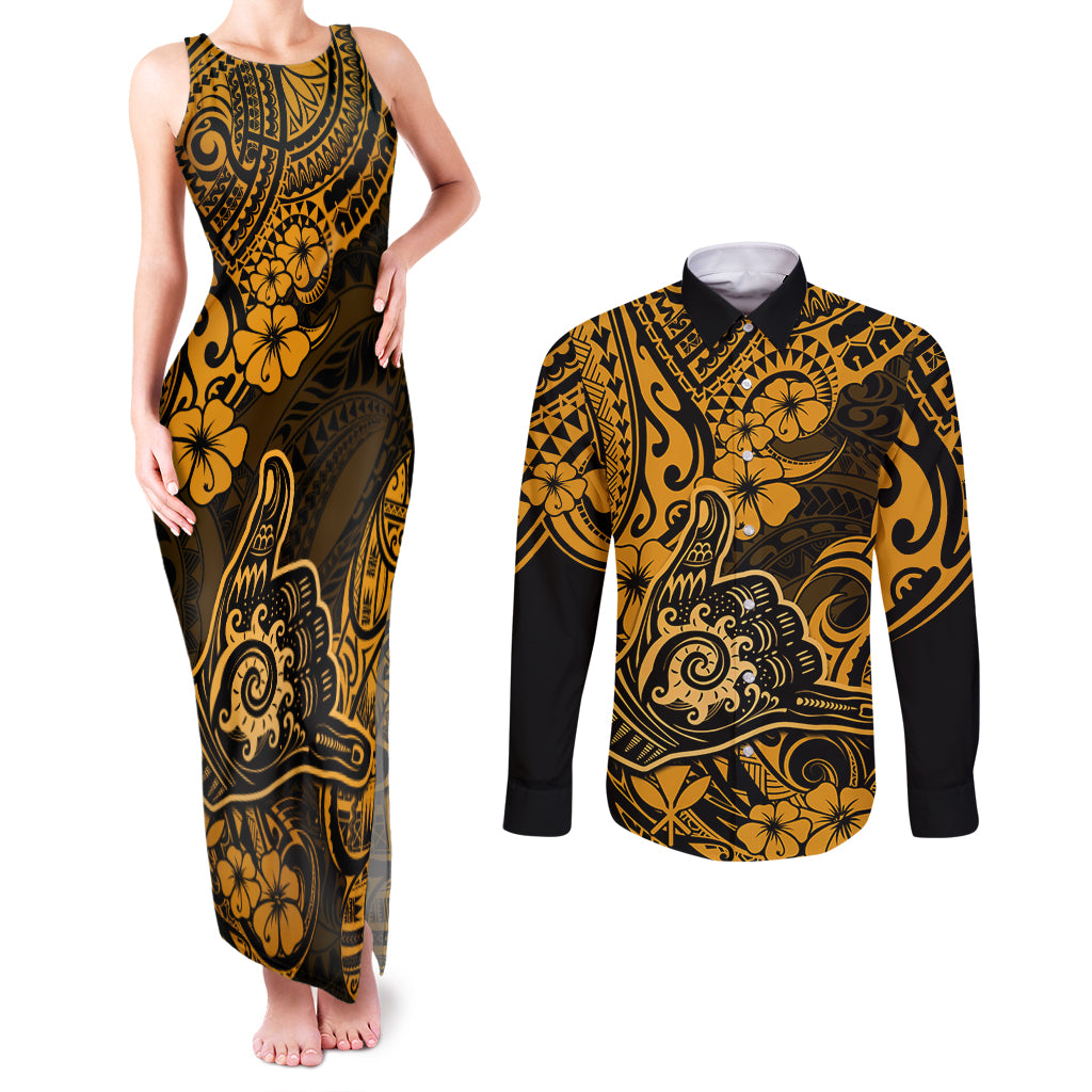Hawaii Shaka Sign Couples Matching Tank Maxi Dress and Long Sleeve Button Shirts With Polynesian Hibiscus Gold Unique LT01 Gold - Polynesian Pride