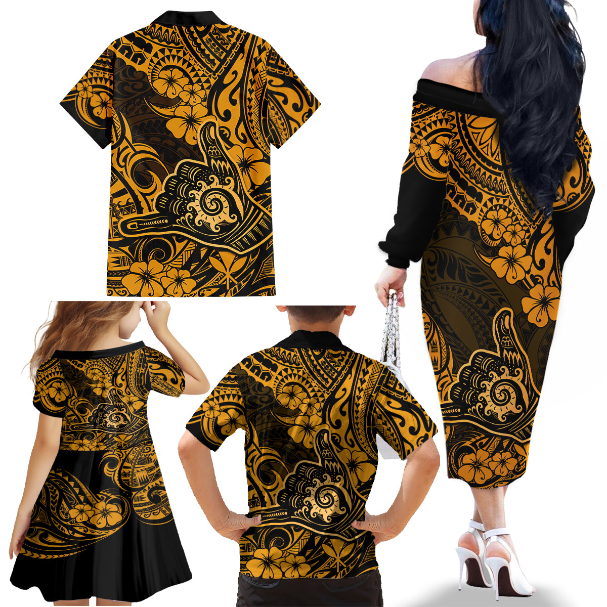 Hawaii Shaka Sign Family Matching Off Shoulder Long Sleeve Dress and Hawaiian Shirt With Polynesian Hibiscus Gold Unique LT01 - Polynesian Pride