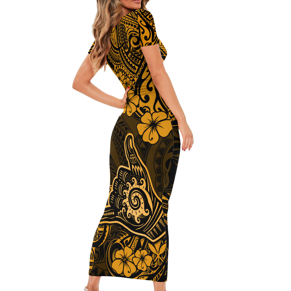 Hawaii Shaka Sign Family Matching Short Sleeve Bodycon Dress and Hawaiian Shirt With Polynesian Hibiscus Gold Unique LT01 - Polynesian Pride