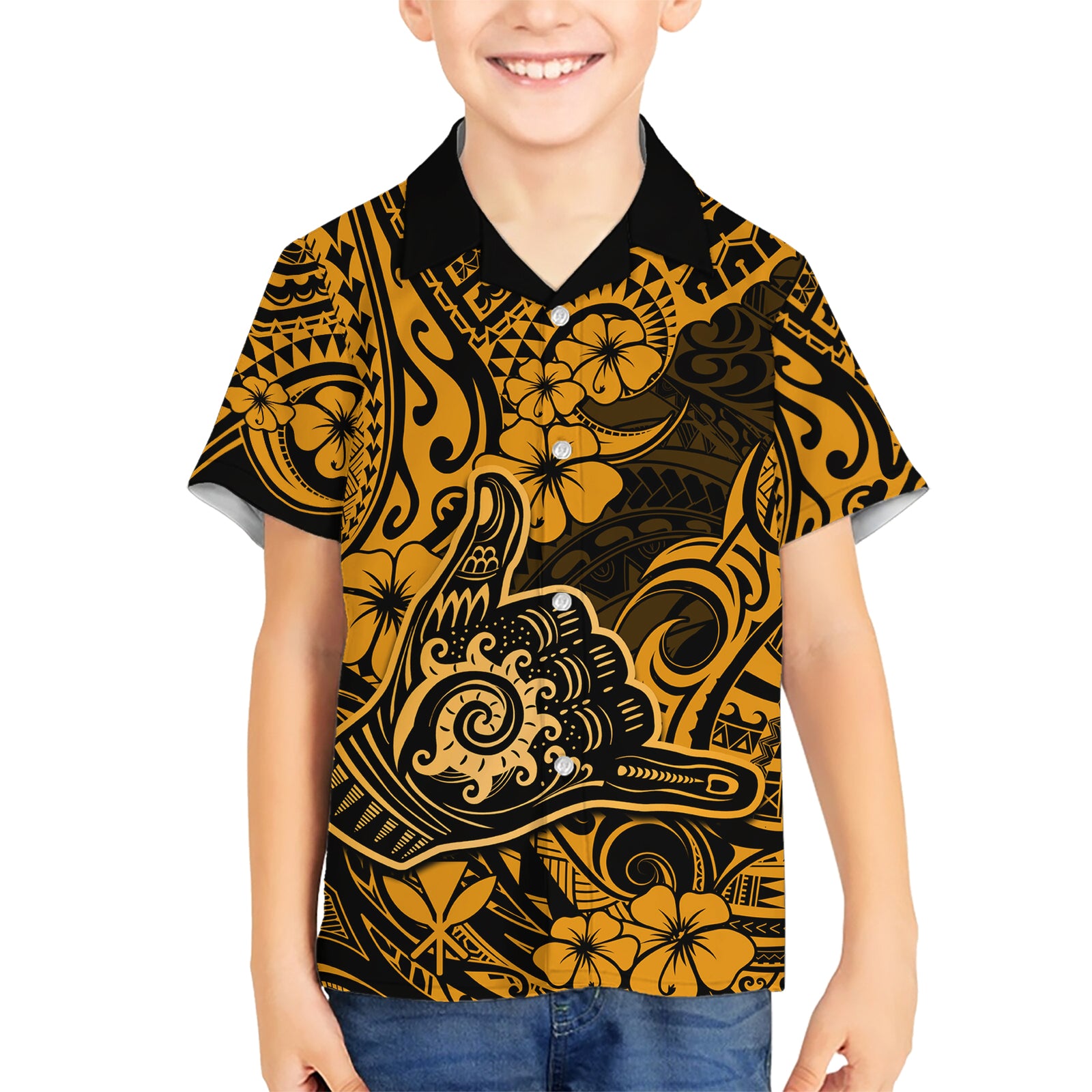 Hawaii Shaka Sign Kid Hawaiian Shirt With Polynesian Hibiscus Gold Unique LT01 Kid Gold - Polynesian Pride