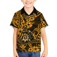 Hawaii Shaka Sign Kid Hawaiian Shirt With Polynesian Hibiscus Gold Unique LT01 Kid Gold - Polynesian Pride