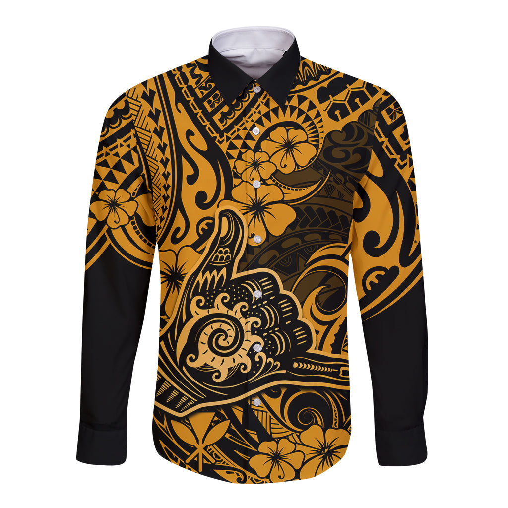 Hawaii Shaka Sign Long Sleeve Button Shirt With Polynesian Hibiscus Gold Unique LT01 Unisex Gold - Polynesian Pride