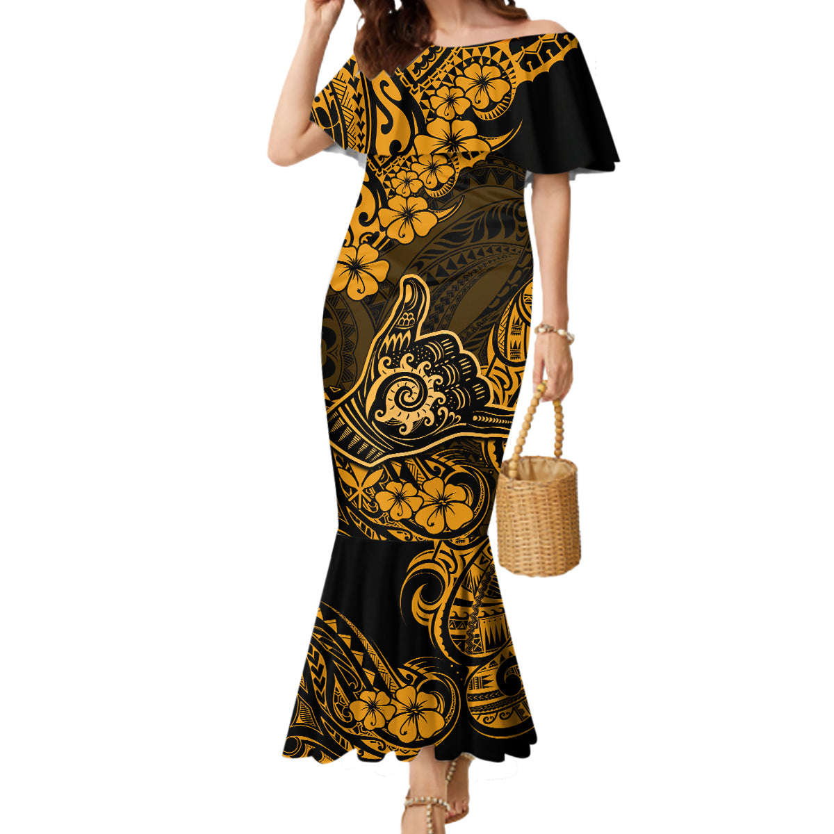 Hawaii Shaka Sign Mermaid Dress With Polynesian Hibiscus Gold Unique LT01 Women Gold - Polynesian Pride