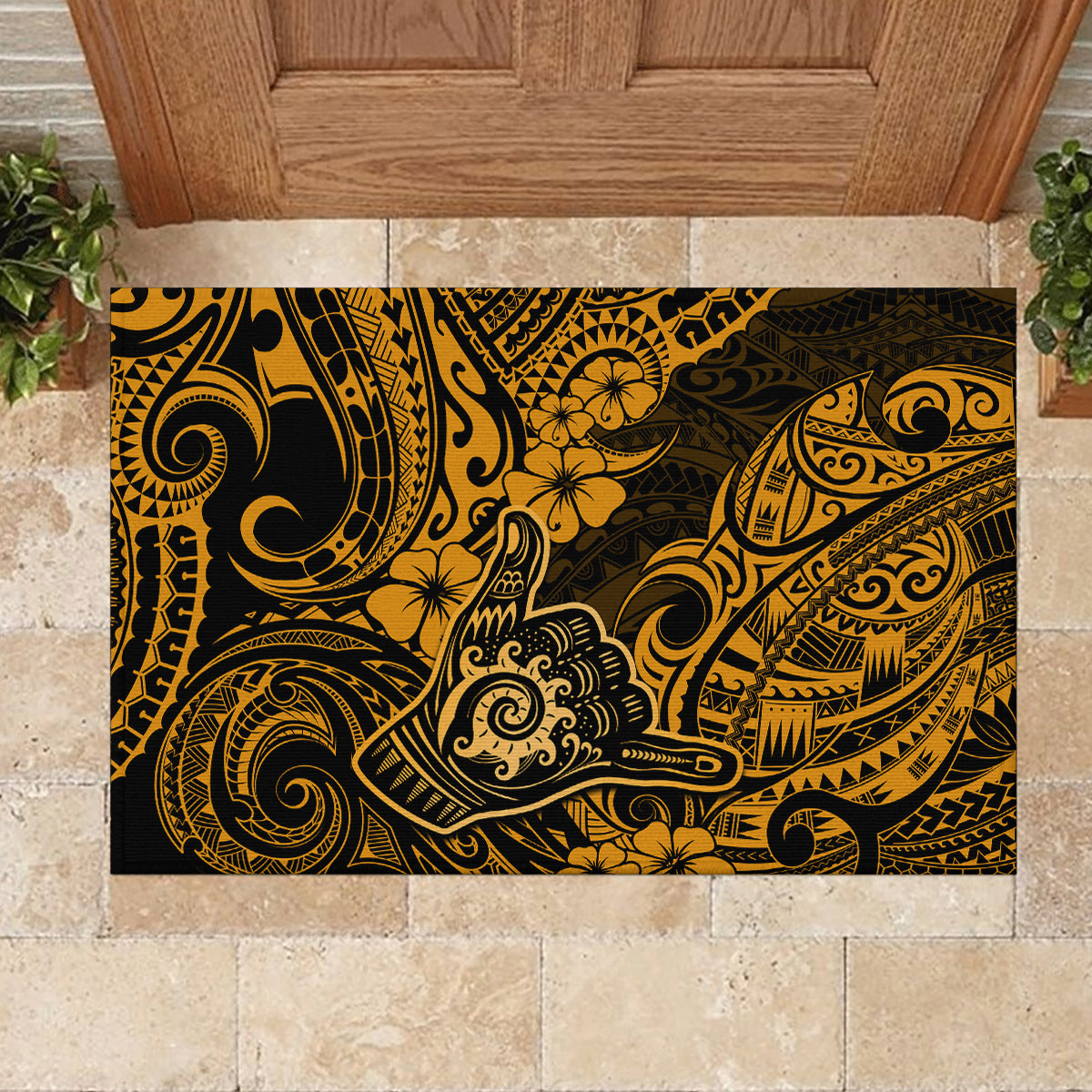 Hawaii Shaka Sign Rubber Doormat With Polynesian Hibiscus Gold Unique LT01 - Polynesian Pride