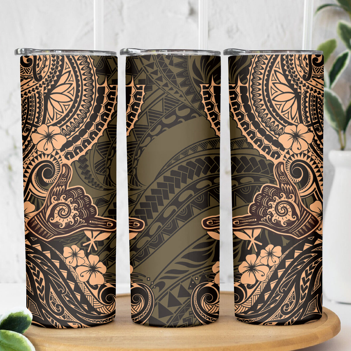Hawaii Shaka Sign Skinny Tumbler With Polynesian Hibiscus Gold Unique