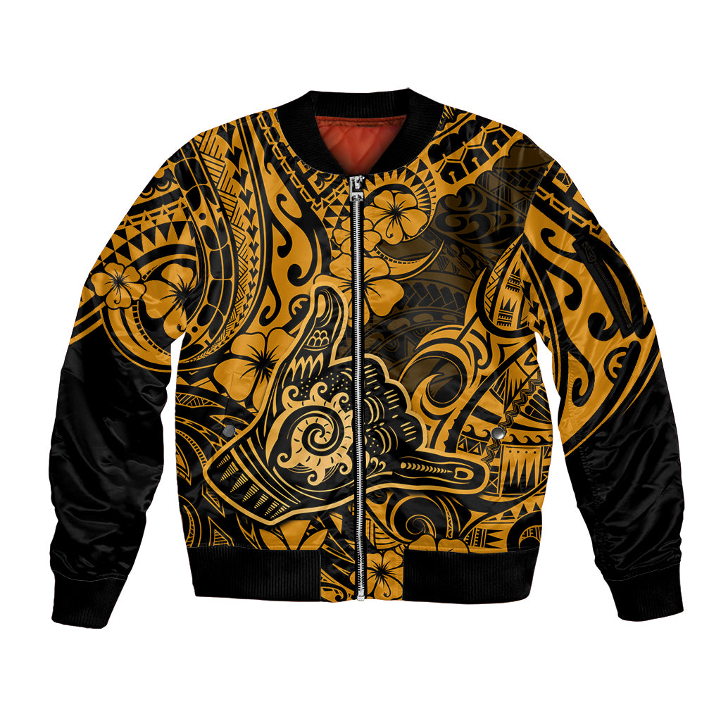 Hawaii Shaka Sign Sleeve Zip Bomber Jacket With Polynesian Hibiscus Gold Unique LT01 Unisex Gold - Polynesian Pride