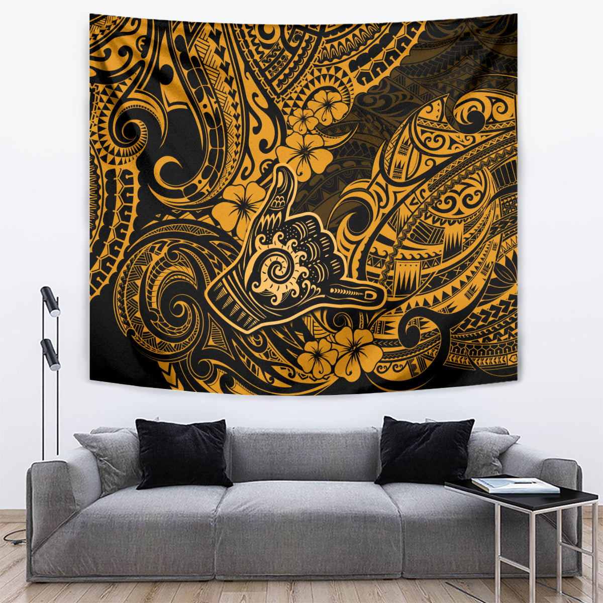 Hawaii Shaka Sign Tapestry With Polynesian Hibiscus Gold Unique LT01 - Polynesian Pride